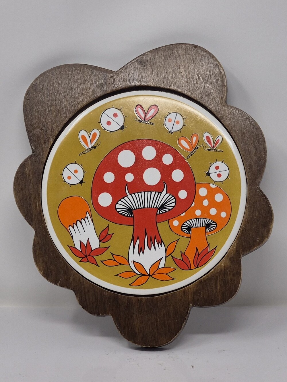MCM Mushroom Butterflies And Bugs Pattern Tile And Wood Trivet/Cheese Board?